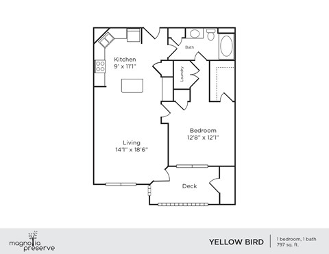 Floor plan for 1 bed, 1 bath, 797 sqft